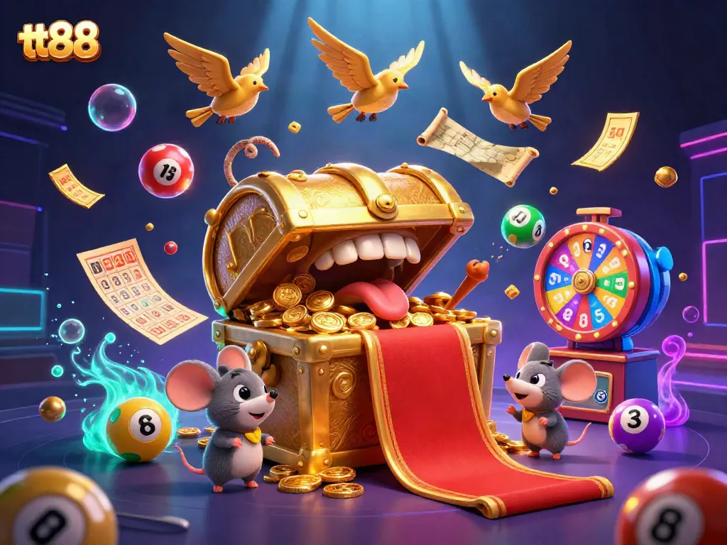 Engage with the excitement of tt88's lottery games in a richly illustrated 3D gambling scene.