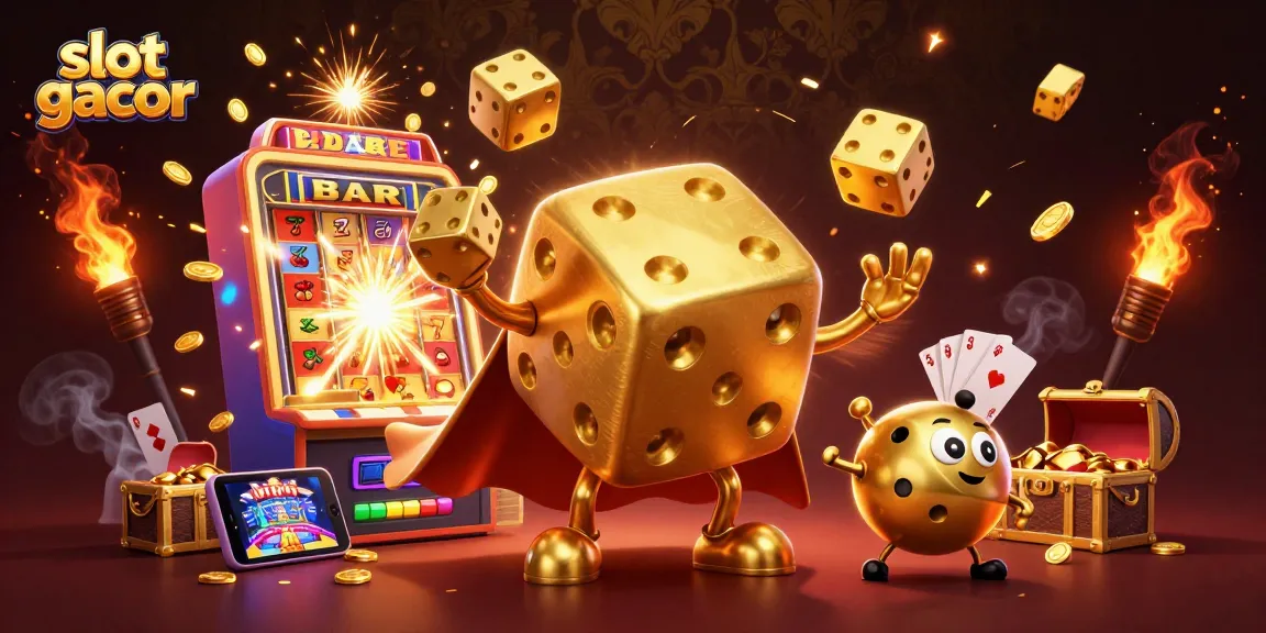 Experience the thrill of slot gacor with a vibrant illustration of lucky dice and bursting jackpots.