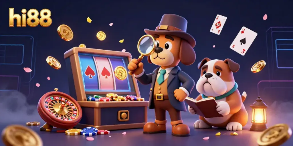 Experience the lively gambling scene with hi88's golden poker clues amidst vibrant slot games and engaging characters.