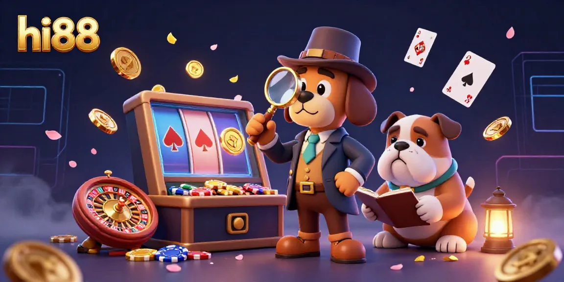 Experience the lively gambling scene with hi88's golden poker clues amidst vibrant slot games and engaging characters.