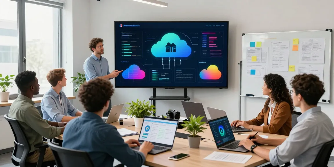 Team collaborating as a microsoft azure managed service provider in a modern office setting.