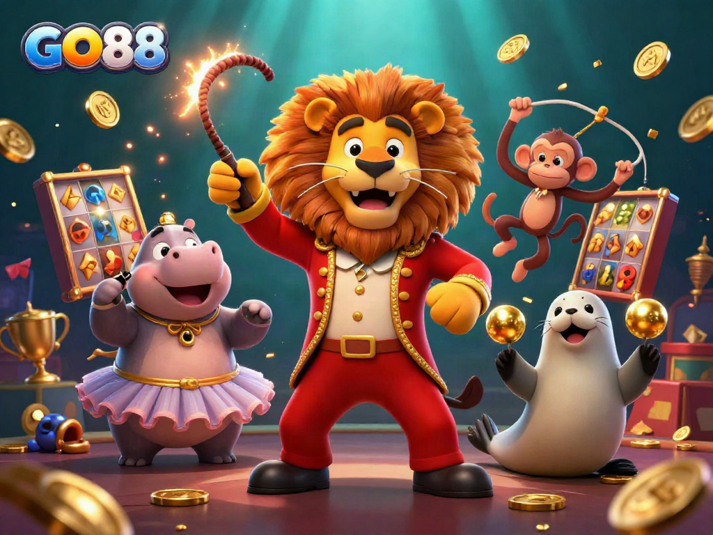 Engage with GO88's exciting slots in this vibrant 3D scene of casino characters and elements.