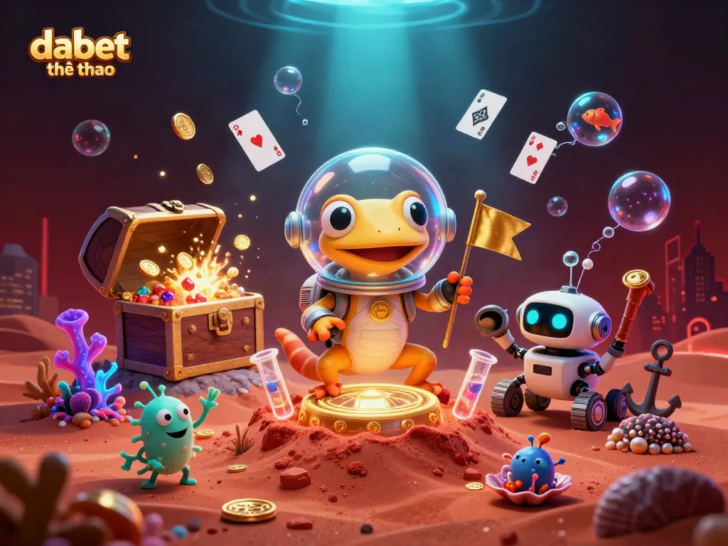 DABET thể thao showcases a winning scene with a 3D gecko and robot, celebrating casino treasures amid glowing elements.