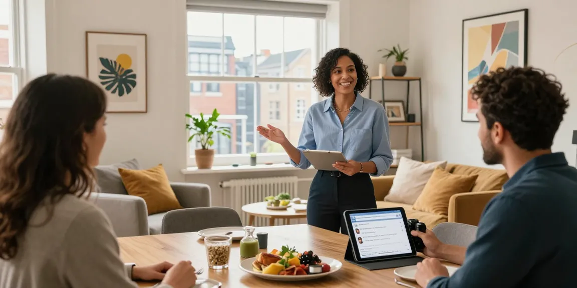Bristol holiday-let management featuring a local property manager showcasing a stylish rental apartment, highlighting hospitality with modern decor and city views.