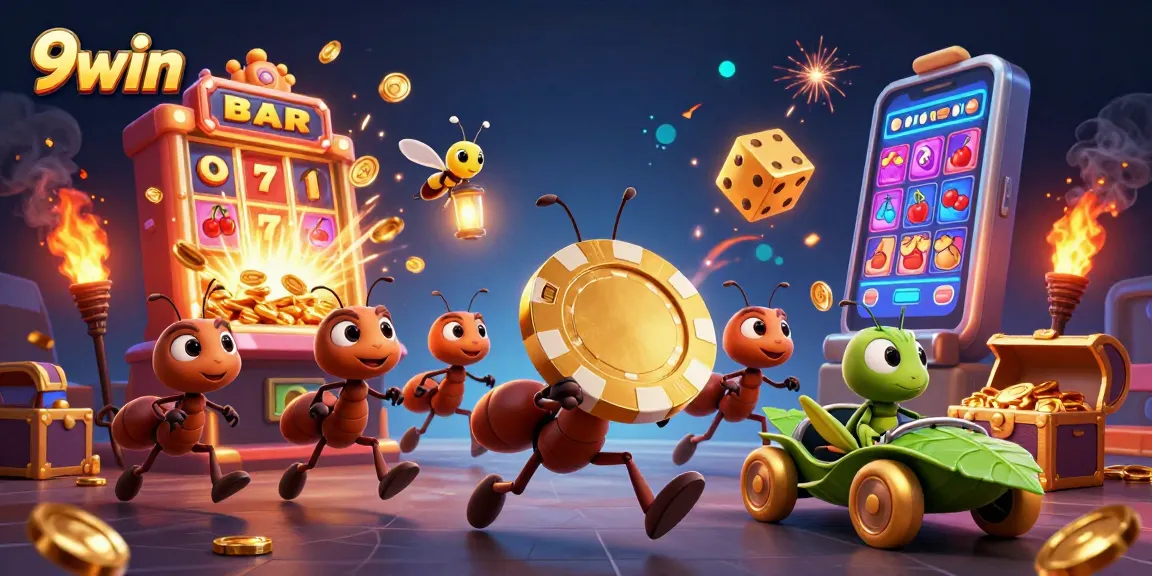 Experience a thrilling heist in the 9win casino with ants and golden jackpot elements.