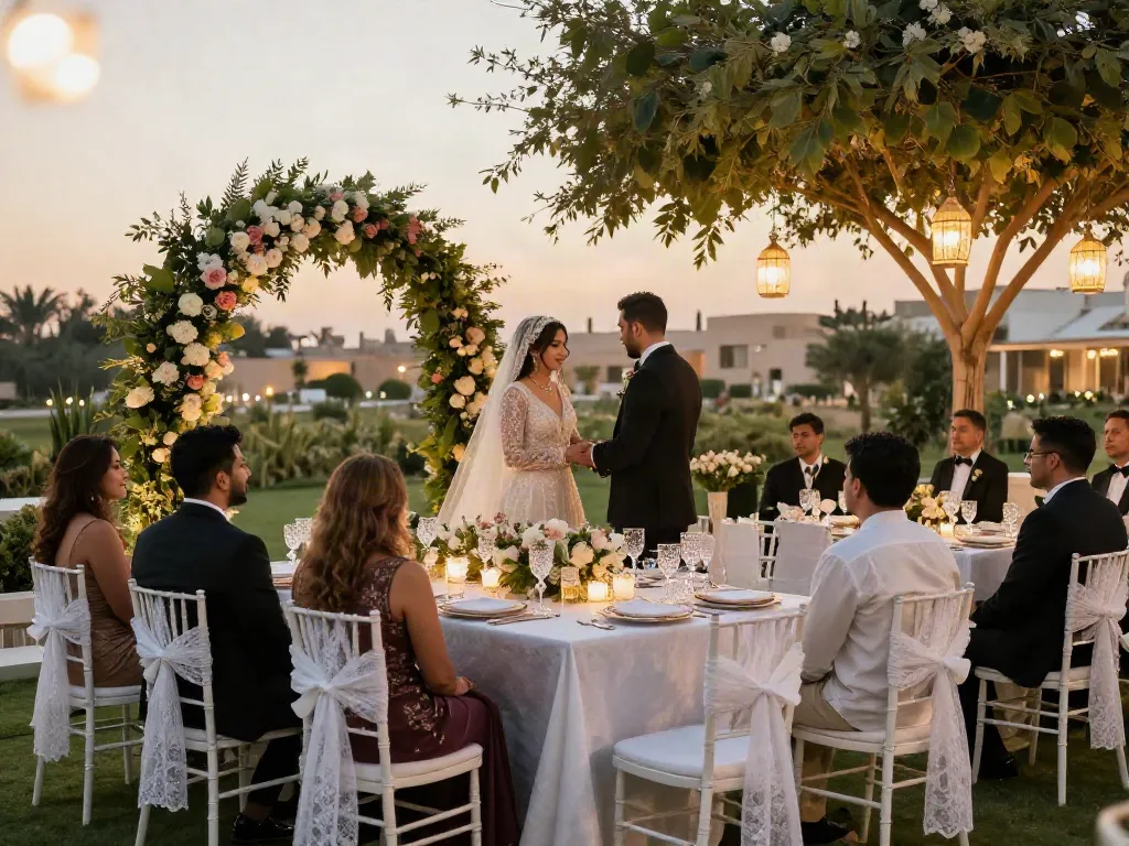 Event rentals for a stunning outdoor wedding in Saudi Arabia under a floral arch at sunset.