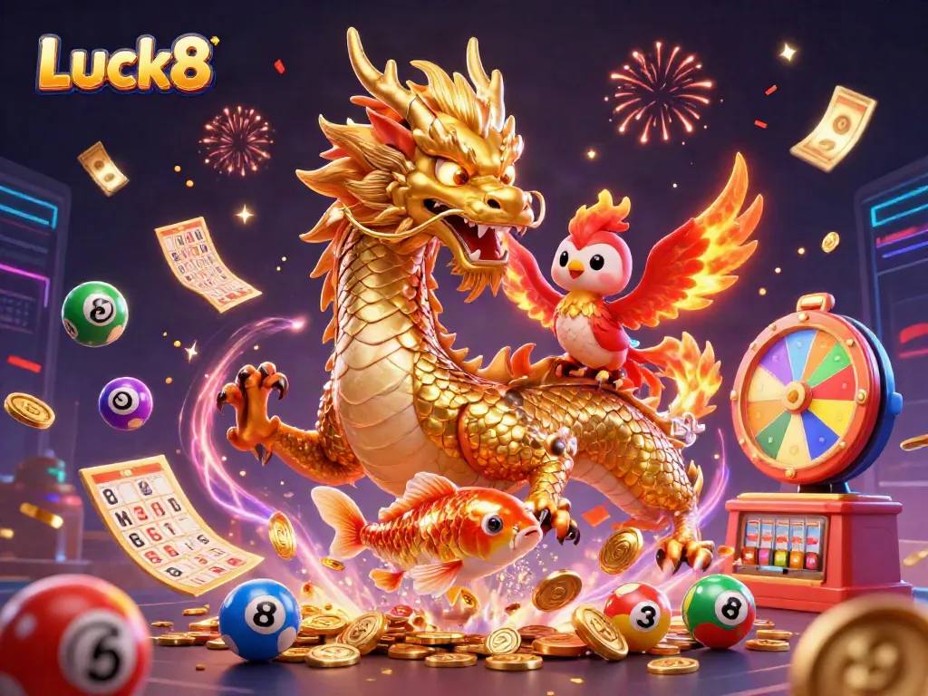 Experience Luck8's exciting gaming world with vivid illustrations of dragons, phoenixes, and dynamic casino elements.