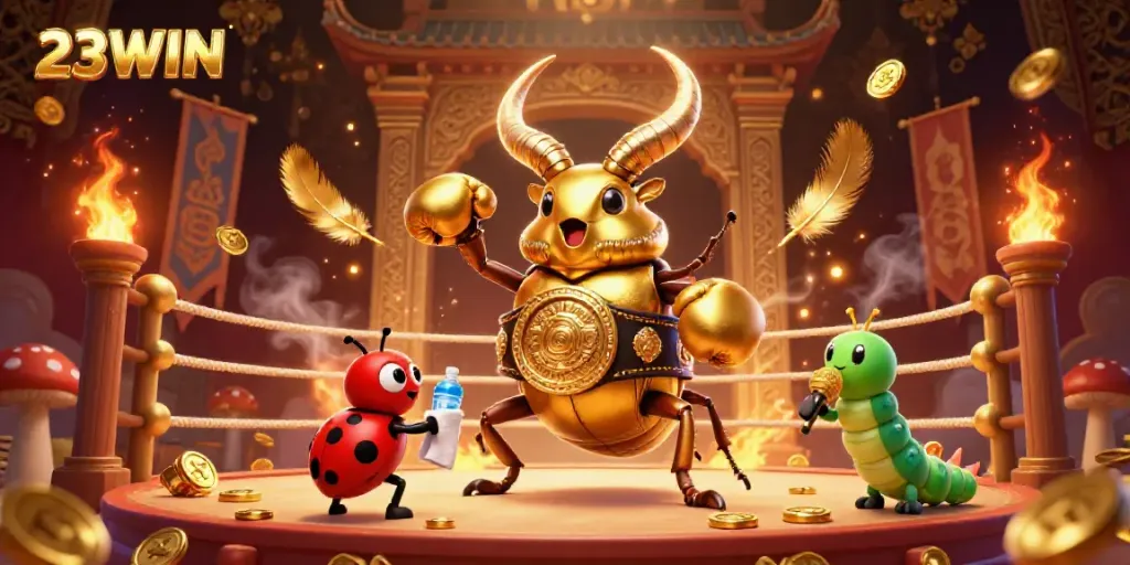 Experience high-energy action with 23WIN in a boxing scene featuring a golden stag beetle, ladybug corner-man, and a caterpillar ring announcer.