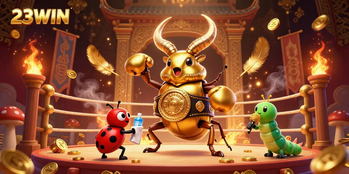 Experience high-energy action with 23WIN in a boxing scene featuring a golden stag beetle, ladybug corner-man, and a caterpillar ring announcer.