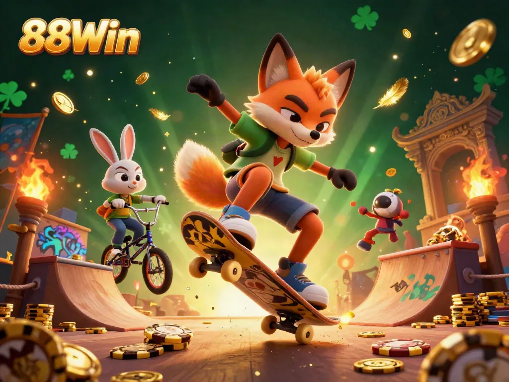 Experience exciting gaming action with 88Win, featuring a dynamic skateboarding fox and BMX rabbit in an animated casino atmosphere.