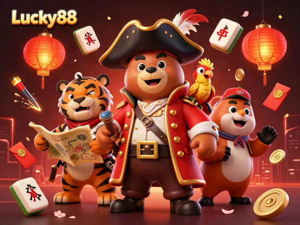 Lucky88 captivates players with a vibrant 3D illustration of a pirate bear, tiger, and parrot amid gambling elements.