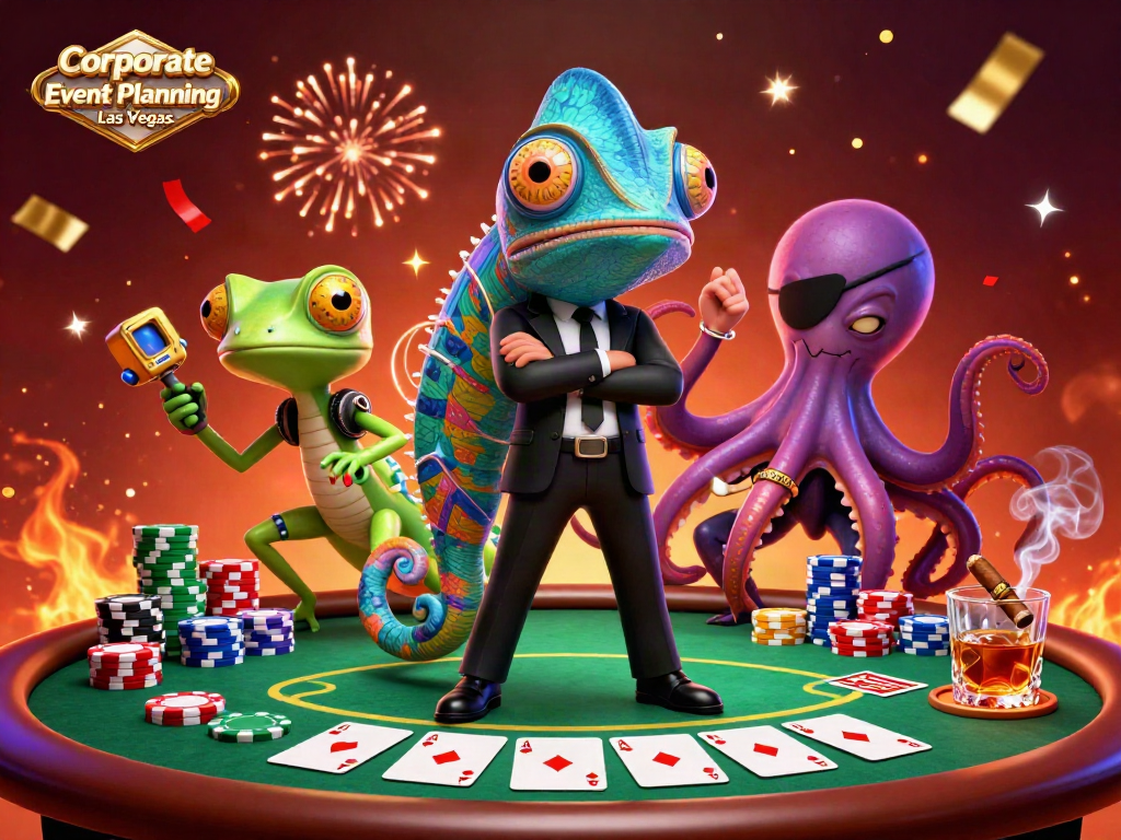 Experience thrilling Corporate Event Planning Las Vegas with a dynamic casino scene featuring colorful poker elements.