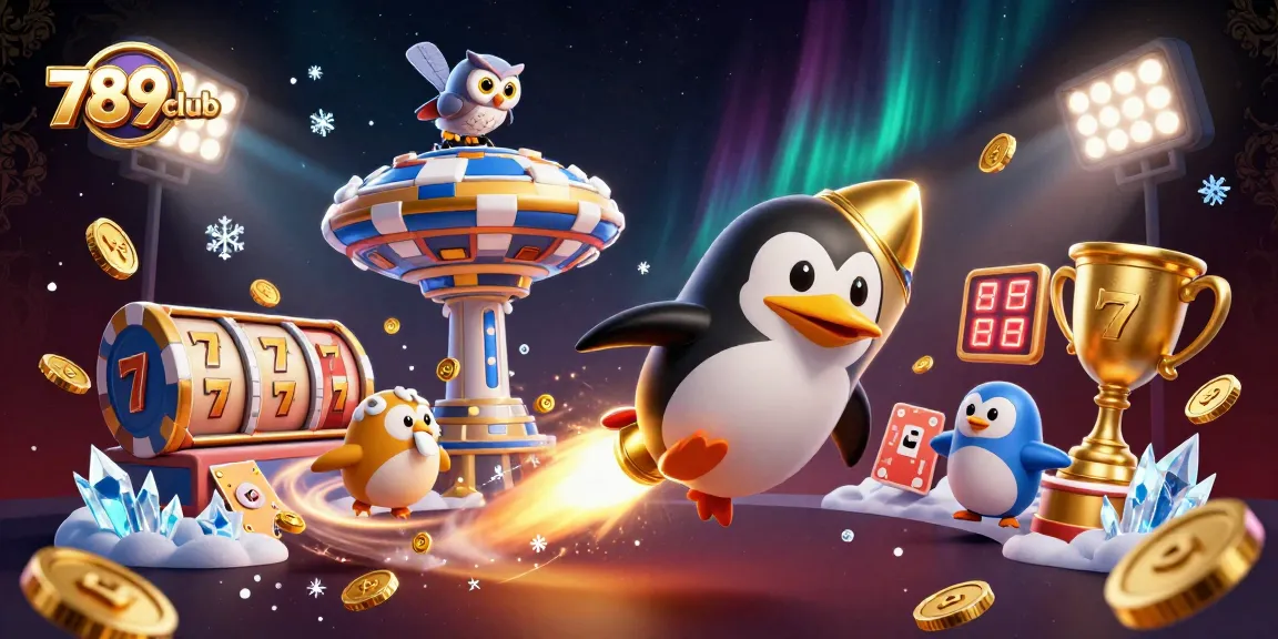 Experience excitement at 789club with a dynamic golden cartoon penguin racing to a poker chip casino!