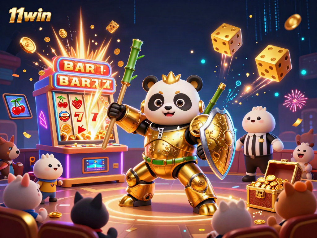 Experience thrilling wins with 11win's vibrant gaming scene featuring dynamic slot machines and 3D characters.