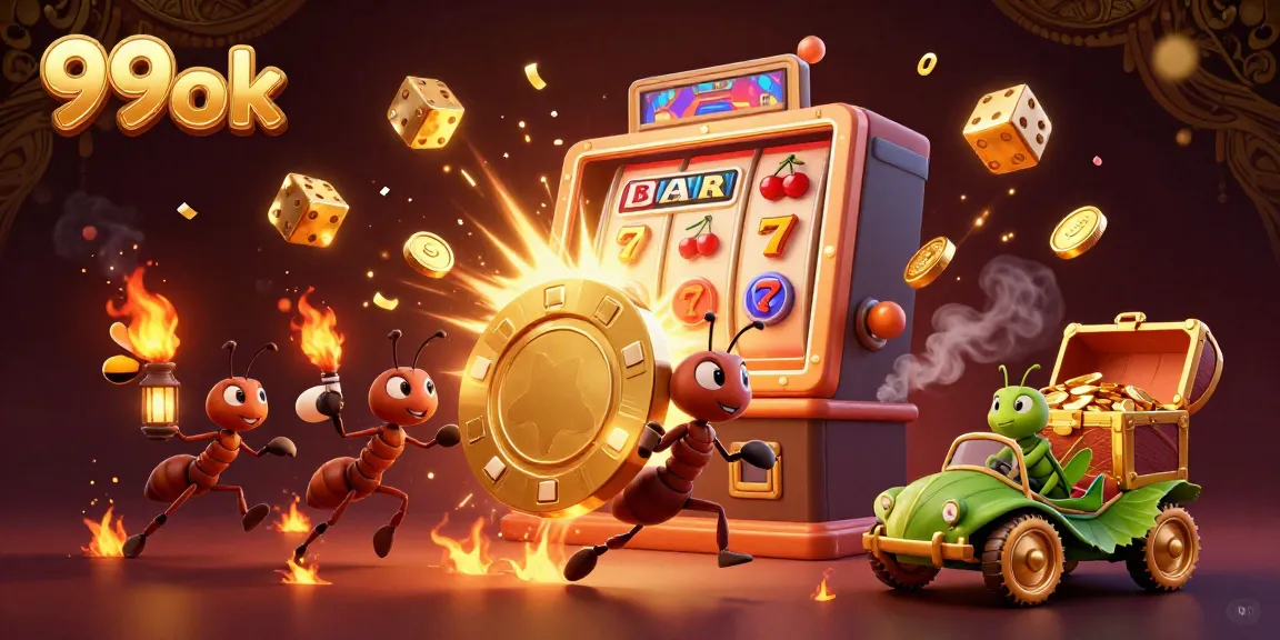 Experience the thrill of 99ok with playful ants on a heist for golden poker chips amid bursting slot machine symbols.