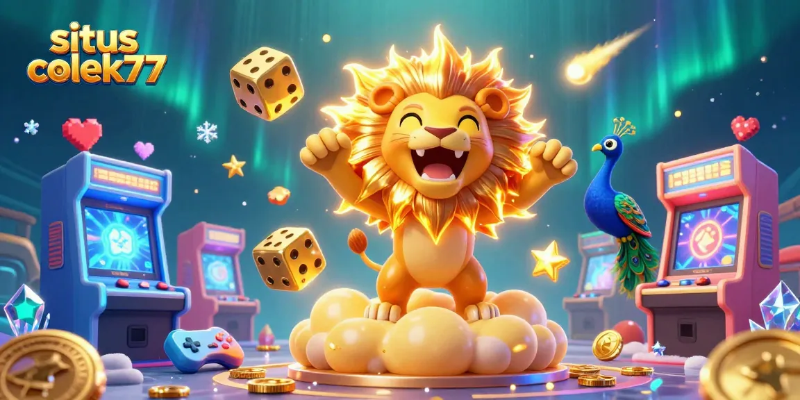 Engage in exhilarating gameplay at situs colek77 with a vibrant 3D casino scene featuring a roaring lion and dynamic game elements.