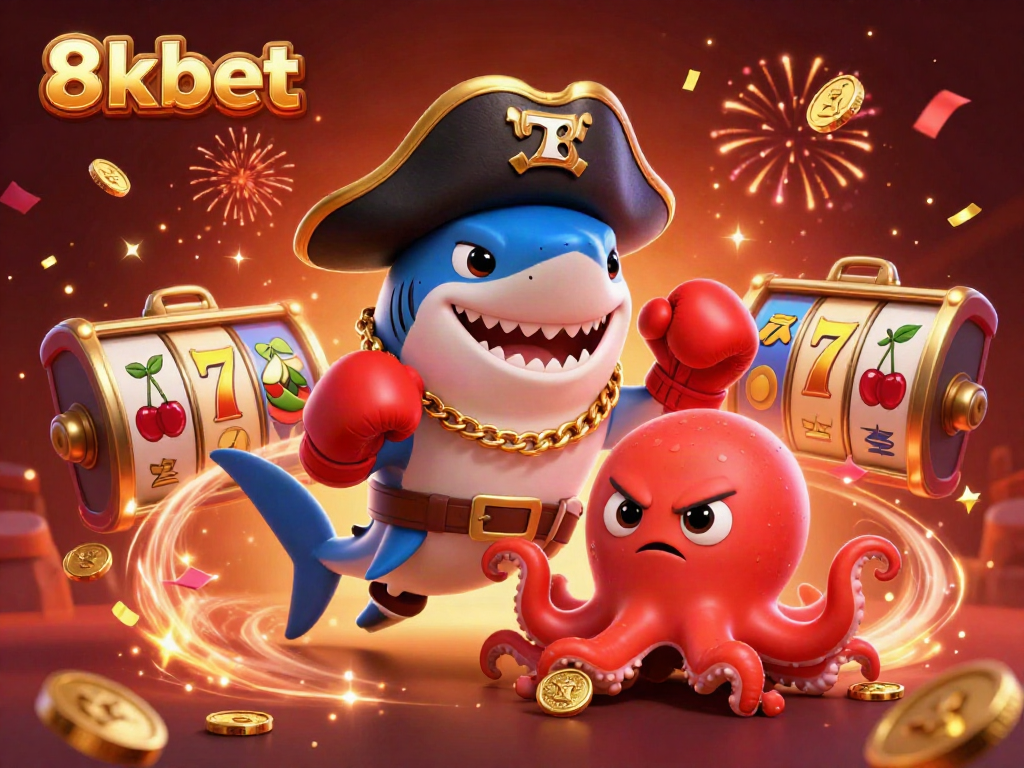 Crown the excitement with 8xbet, featuring a pirate shark and an octopus amid slot reels and festive fireworks.