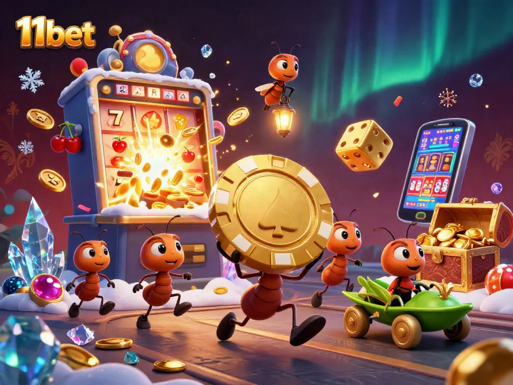 Experience the thrill of 11bet with cartoon ants stealing a giant poker chip amidst dynamic casino elements.