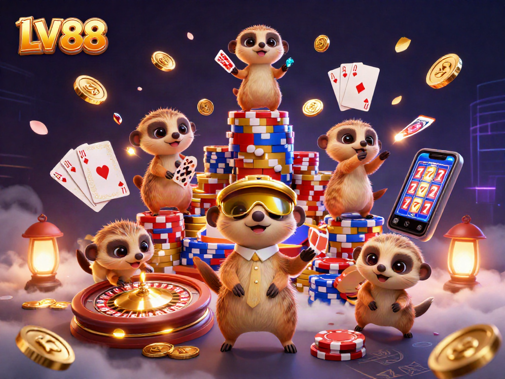 Experience thrilling gameplay at LV88 with a vibrant casino scene featuring animated meerkats, chips, and roulette.