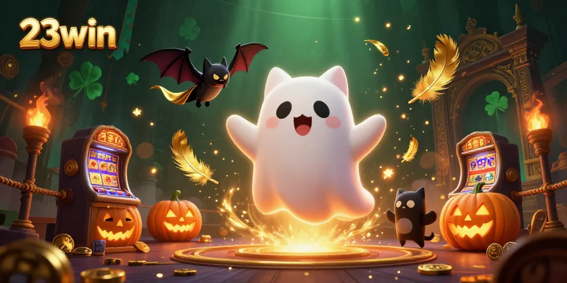 Engage in thrilling games at 23win with a ghost cat and bat companions in a vibrant casino scene.