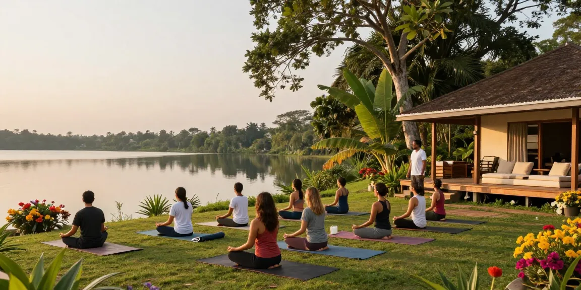 yoga retreat venue hire sri lanka with serene lakeside meditation setting during golden hour, lush greenery and community