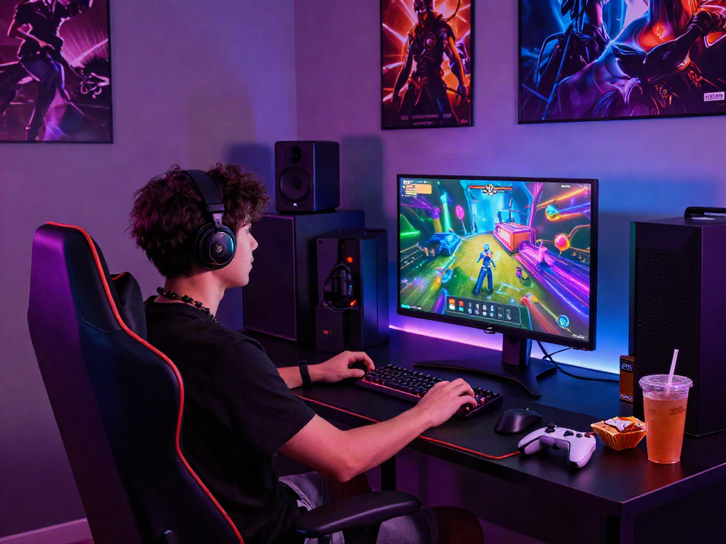 Gamer enjoying a porngame in a vibrant gaming studio with immersive lighting and high-end setup.