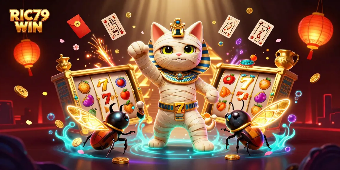 Experience thrilling gameplay with RIC79 WIN as the Egyptian mummy cat leads vibrant casino adventures.