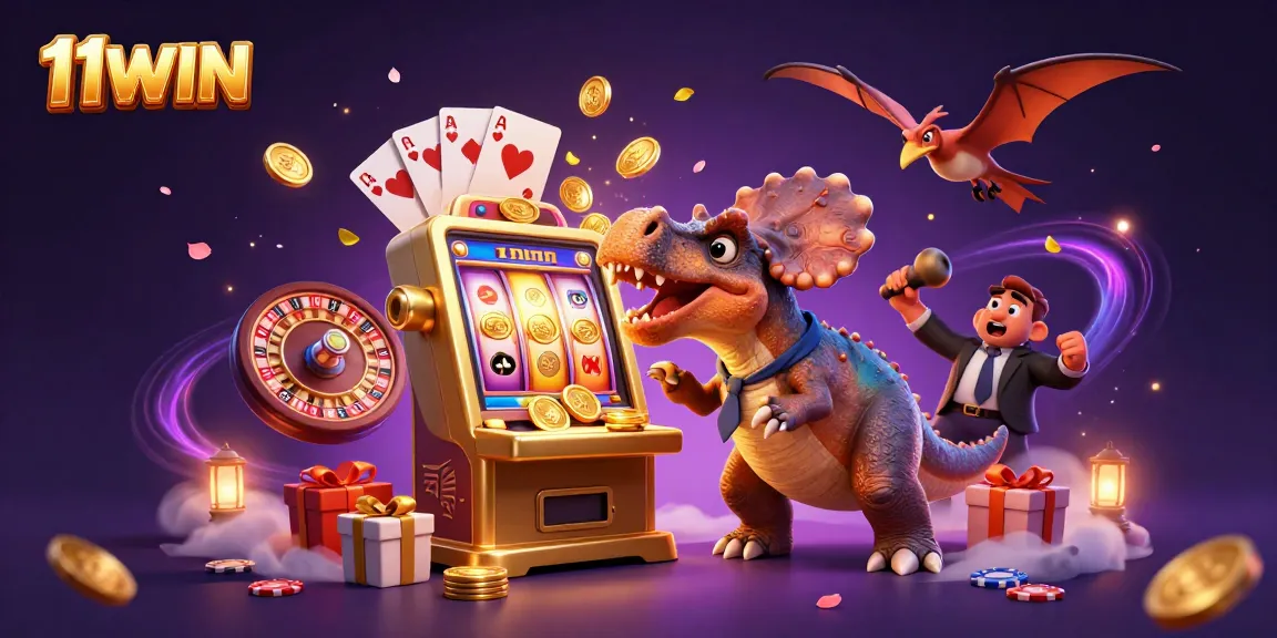 11WIN features vibrant casino scene with a pachycephalosaurus winning jackpots and flying coins