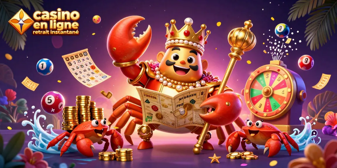 Casino en ligne retrait instantané: empereur crabe jouant avec des boules de loterie colorées et des tickets dorés.