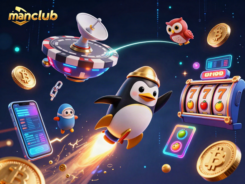 Experience exciting crypto gaming action with manclub’s dynamic slot-themed illustration featuring a penguin.