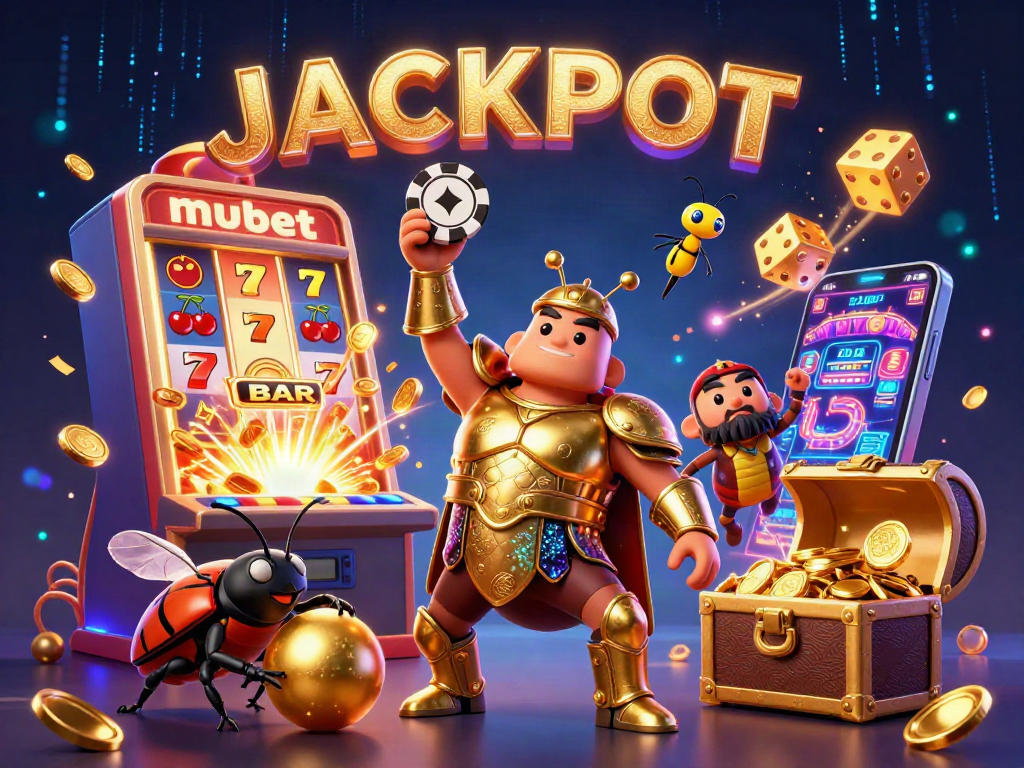 Experience thrilling wins with mubet as a vibrant scene bursts with colorful casino elements and animated characters.