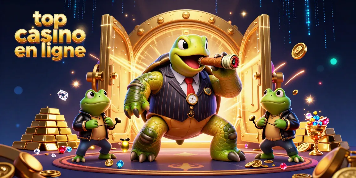 Découvrez le top casino en ligne avec une scène dynamique, incluant une tortue dans un costume et des symboles de jeux autour.