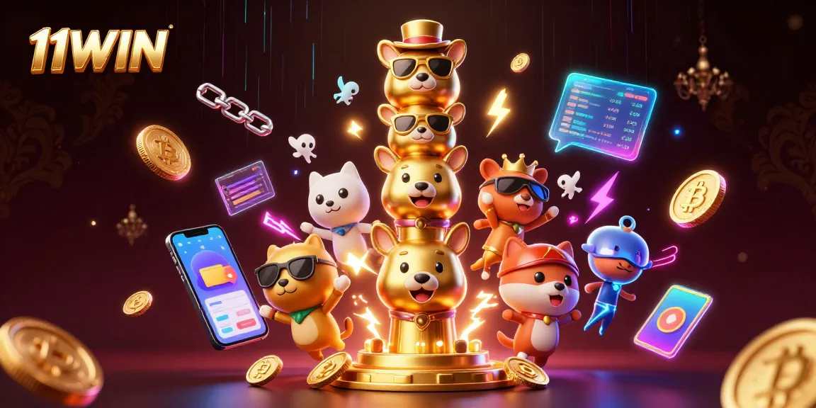 Bet on the vibrant 11WIN totem with dazzling cryptocurrency elements swirling around.