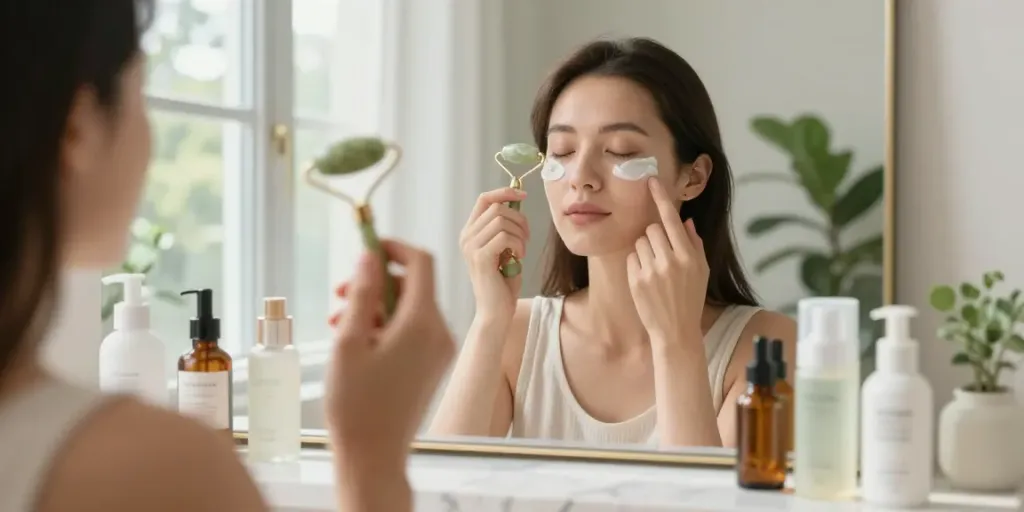 Augenringe wegbekommen: Frau, die Anti-Aging-Creme mit einem Jade-Roller aufträgt.