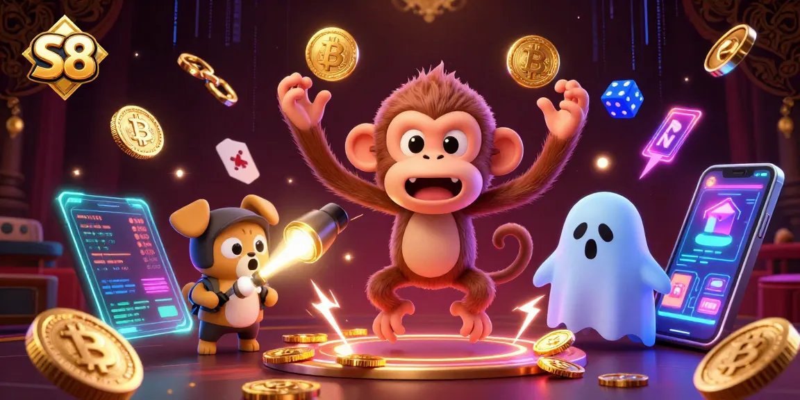 S8 platform showcasing a whimsical casino scene with a playful ghost-hunter puppy tracking a financial poltergeist.