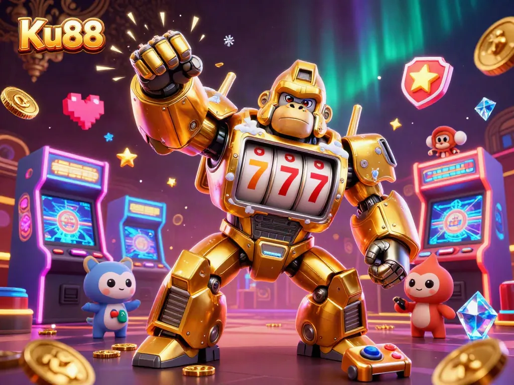 Engage with Ku88's thrilling casino experience through a vibrant 3D illustration showcasing dynamic gaming elements.