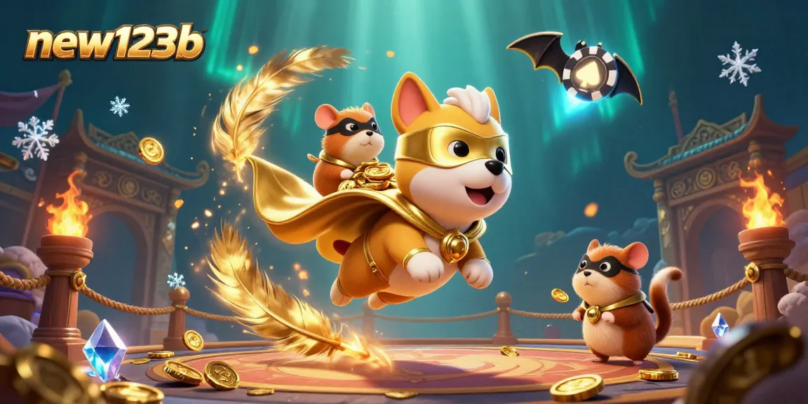 Experience thrilling wins at new123b casino with a dynamic 3D scene featuring a superhero dog and hamster.