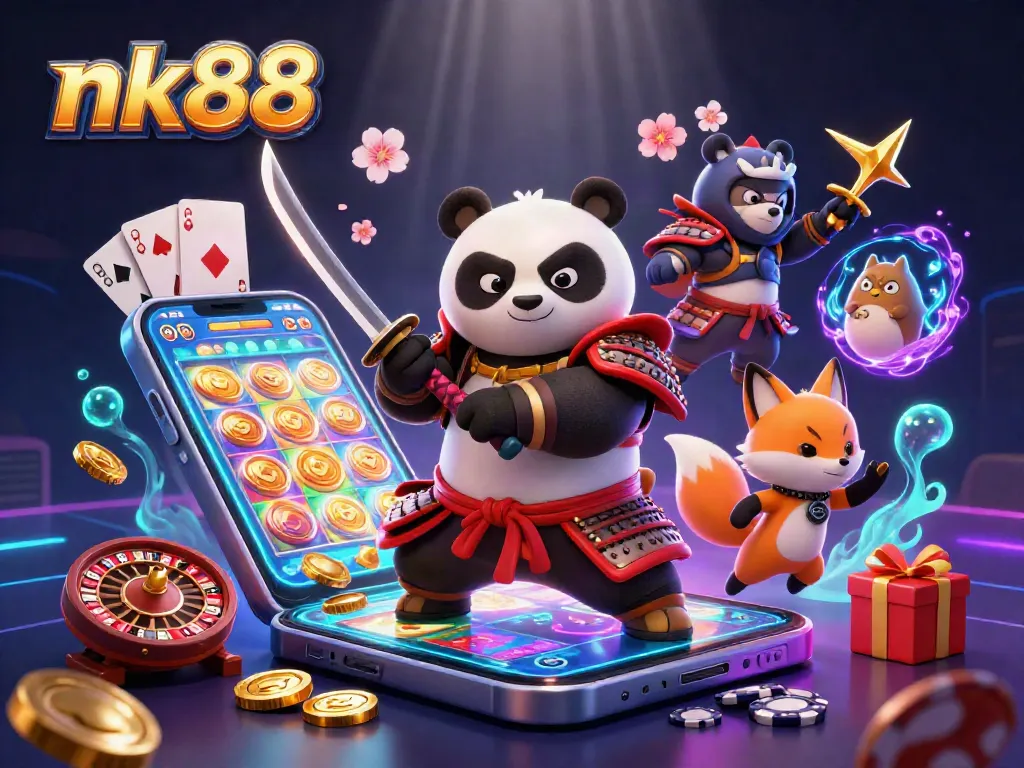 Engage with nk88's vibrant gaming universe showcasing samurai panda, ninja fox, and magical tanuki in action.