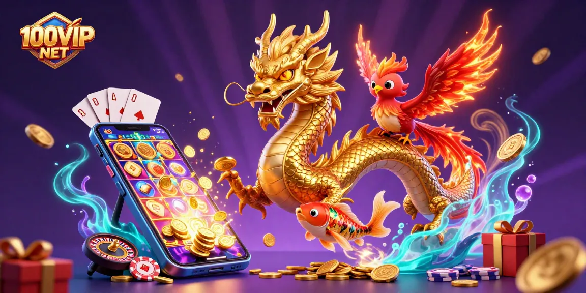 Experience thrilling gaming with 100VIP NET, featuring a dynamic dragon duo amidst casino excitement.
