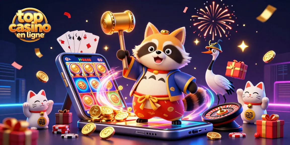 Top casino en ligne : illustration 3D d'un tanuki et des symboles festifs de jeux d'argent.