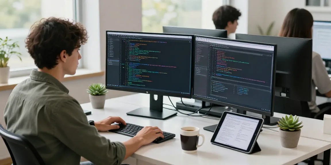 Developer coding AI text generation software in a vibrant tech workspace.