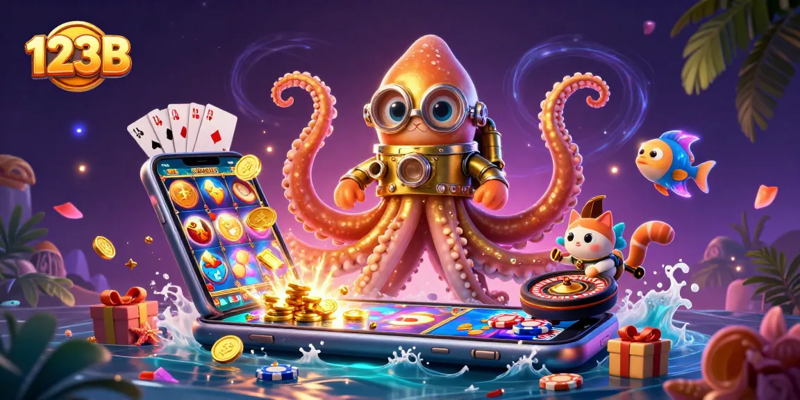 Join the thrilling adventure of 123B with golden kraken and diving cat in a dynamic casino illustration.