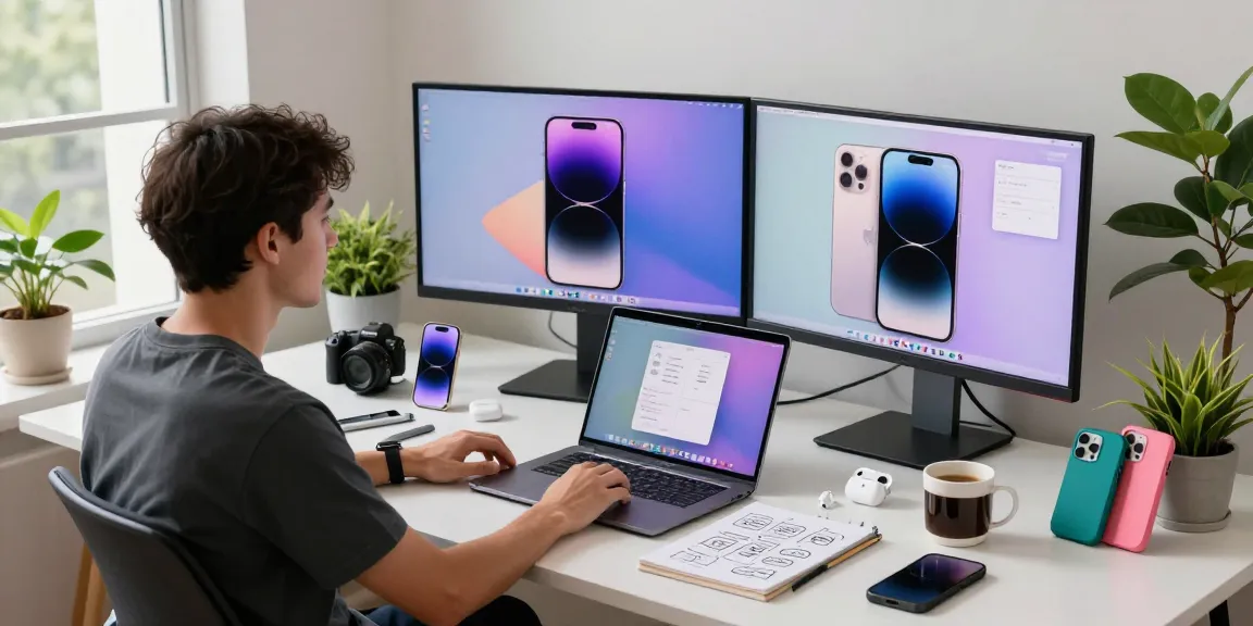 A tech enthusiast analyzing the iPhone 17 features in a modern workspace with vibrant app interfaces on dual monitors.