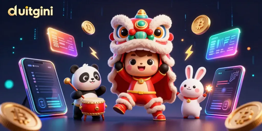 Engage with duitgini's festive loan offerings featuring animated characters and crypto elements.