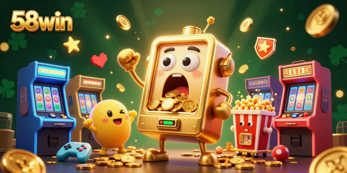 Experience excitement with 58win's golden slot machine jackpot action delivering coins amidst cheering companions.
