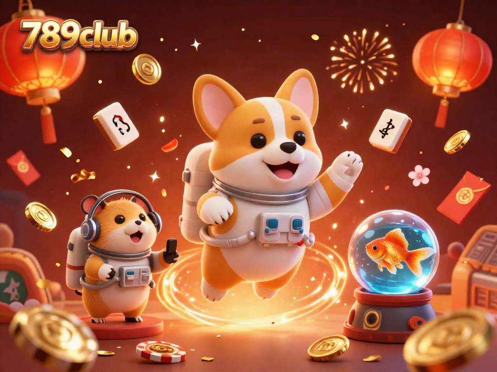 Join the excitement at 789club with a lively casino scene featuring a floating corgi and thrilling elements.