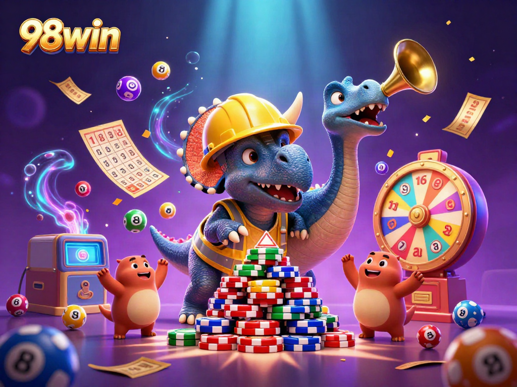 Engage with exciting games at 98win, featuring joyful characters and vibrant casino elements.