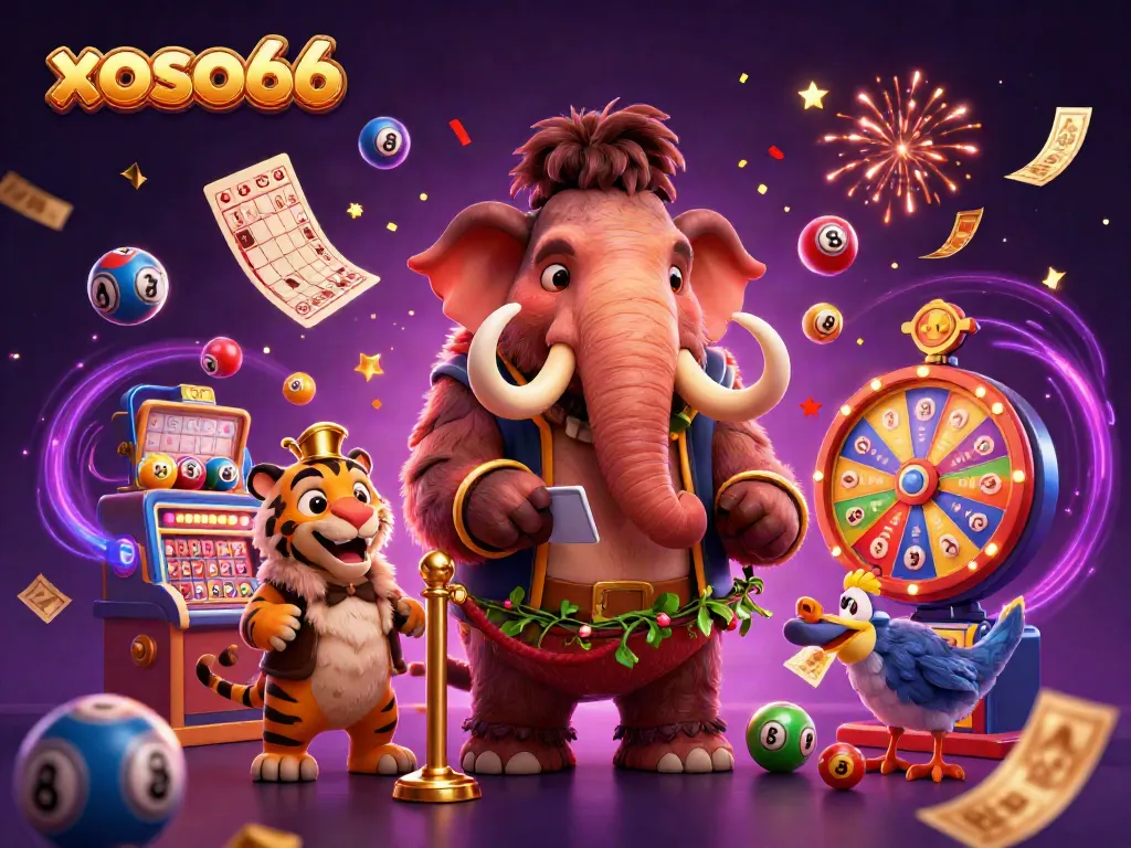 Experience excitement at xoso66 with a cartoon mammoth bouncer, a saber-tooth tiger guest, and lottery elements