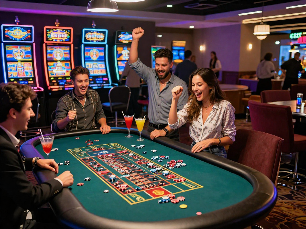 CV 666 players enjoying a thrilling roulette game in a lively casino atmosphere, celebrating wins and excitement.