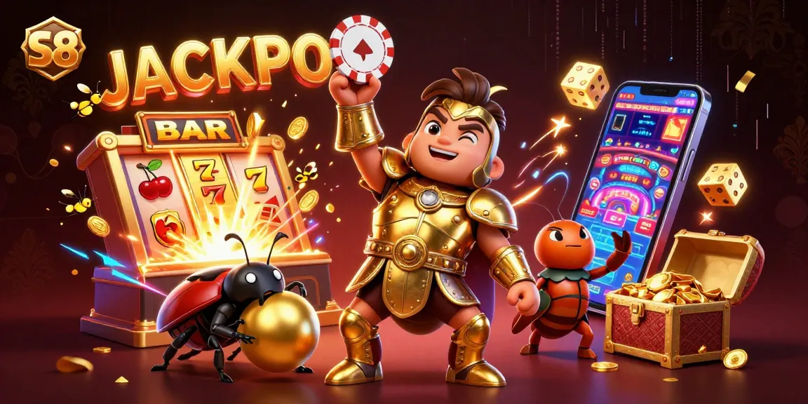 S8 Casino beetle character celebrates winning with coins and jackpot symbols in this vibrant illustration.